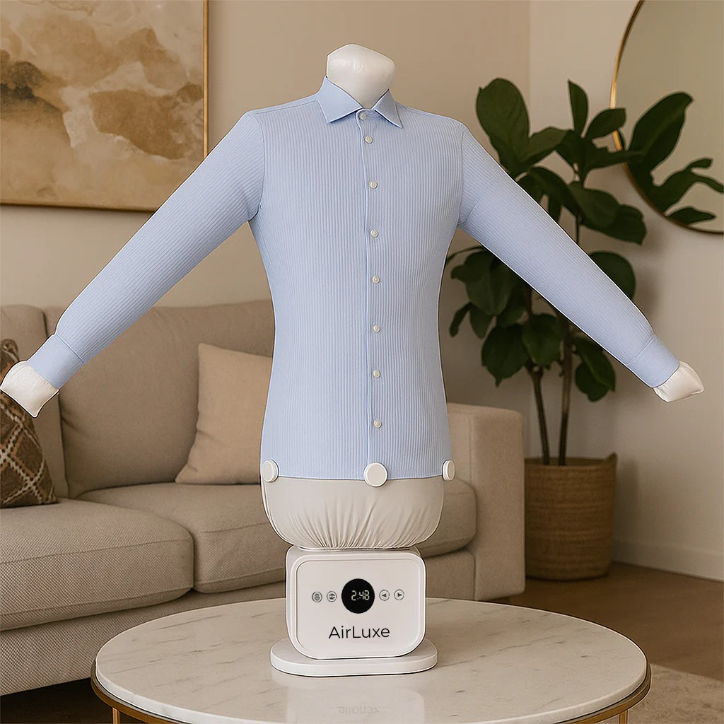 AirLuxe - מכונת הגיהוץ האוטומטית המתקדמת AUTOMATIC IRONING MACHINE 3.0 בצורת גוף, פועלת בגיהוץ מושלם של חולצות, שמלות, מכנסיים ועוד – רק מלבישים את הבגד על המכשיר והוא מתיישר ללא קמטים. המכשיר חוסך זמן יקר, חשמל וכסף, מבטל את הסיכון בגיהוץ רגיל עם מגהץ חם, נוח לשימוש יומיומי, קומפקטי וקל לאחסון, מתאים לכל בית מודרני ומעניק תוצאה מקצועית כמו מניקוי יבש. אידיאלי למשפחות, עסוקים, סטודנטים וכל מי שרוצה פתרון חכם ומהיר לבגדים חלקים ומסודרים.
